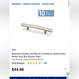 Brainerd 3" Caroline Arch Pull in Satin Nickel (10 Pack) Lowes NEW